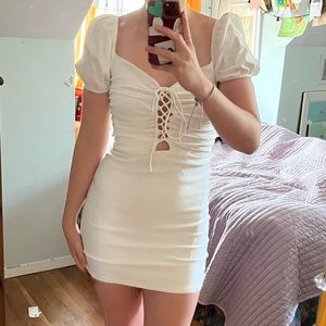 Blue Blush lace up front white puff sleeve dress